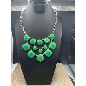 Lime Green Square Cabochon Open Back Cluster Statement 18" Gold Tone Necklace